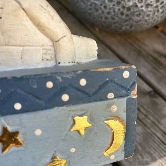 Indonesian Folk Art Sleeping Bhudha Box Carved Wood Hand Painted Stars Moon - Picture 11 of 14